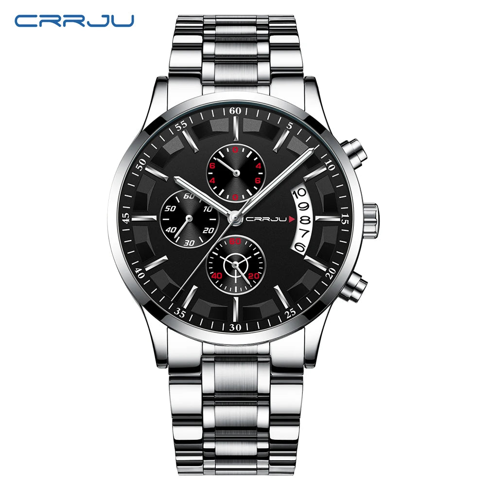 CRRJU 2261 Hot Sell Chinese Gents Quartz Watch clear Steel Strap Luminous Chronometer Calender Outdoor Hand Watch