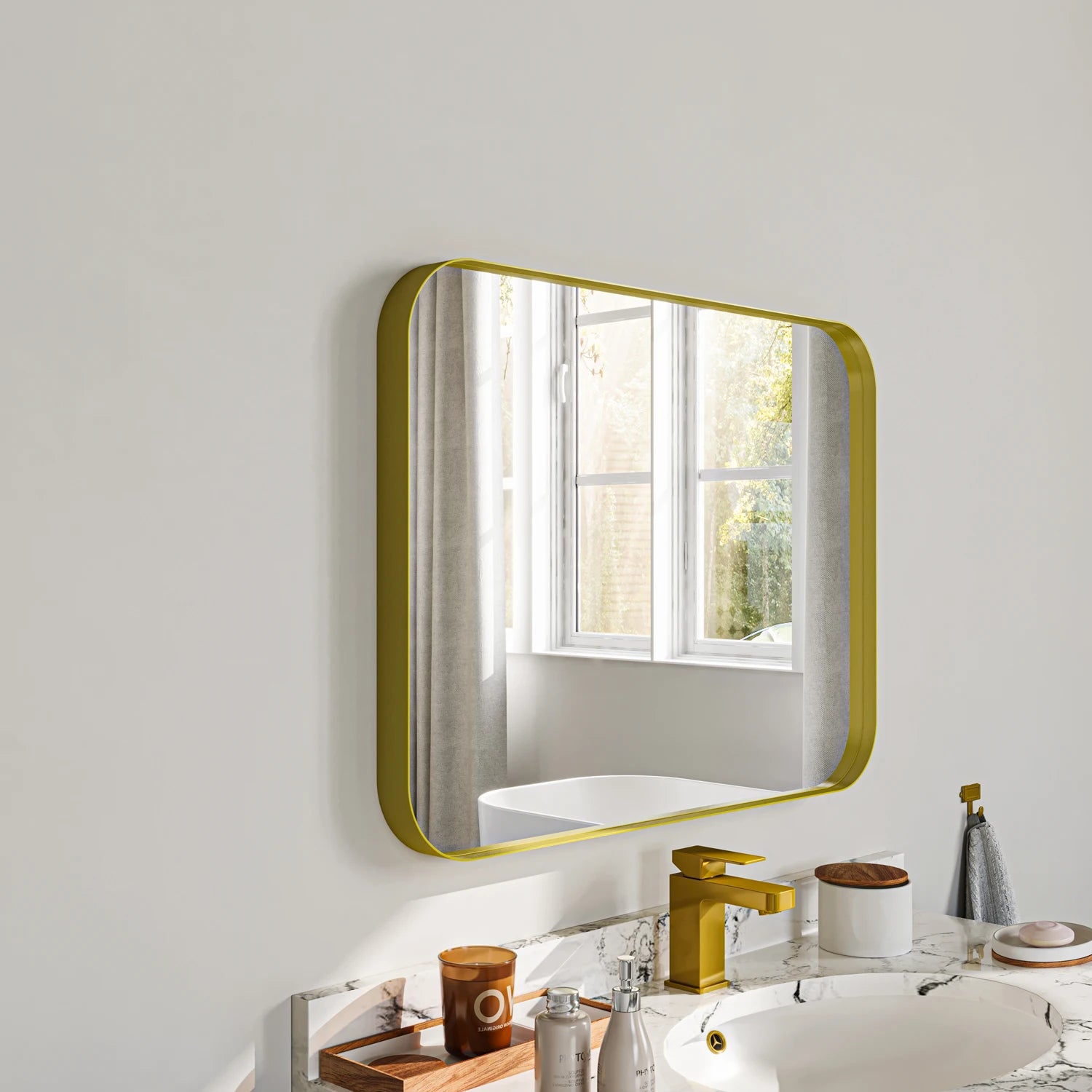 Modern Golden Rectangular Bathroom Mirror, Waterproof Wall Mounted Anti Fog Mirror for Hotel Decoration & Luxury...
