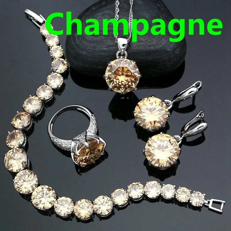 925 Sterling Silver Bridal Jewelry Sets For Women Yellow Cubic Zirconia Earrings Pendant Ring Bracelet Necklace Set