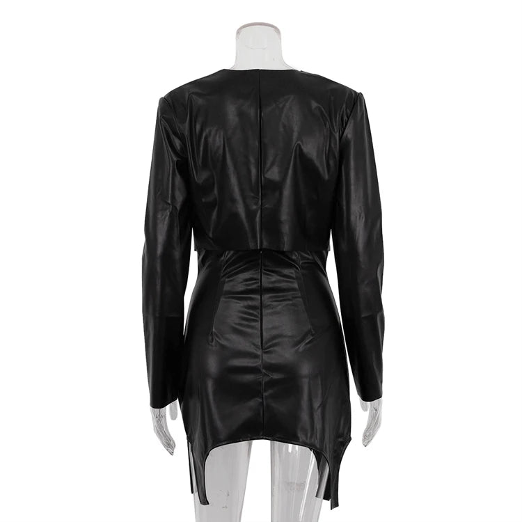 Cut-Out Fashion PU Outfits Black Leather Crop Top and High Waist Mini Short Skirt Women 2 Piece Sets Ensemble Jupe Et Haut Femme