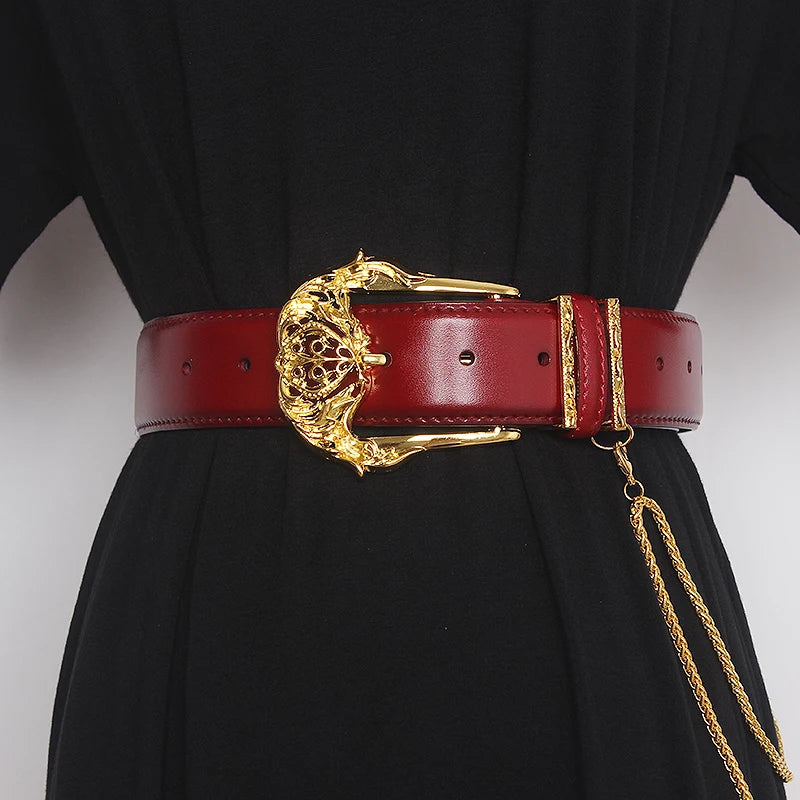 Women's Runway Fashion Gold Buckle Genuine Leather Cummerbunds Female Dress Corsets Waistband Belts Decoration Wide Belt TB1757