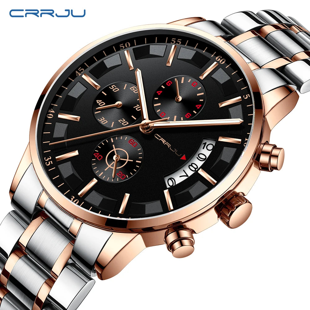 CRRJU 2261 Hot Sell Chinese Gents Quartz Watch clear Steel Strap Luminous Chronometer Calender Outdoor Hand Watch