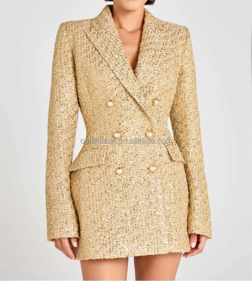 Luxury Elegant Pearl Buttons Double-breasted Hand Wash Women Mini Dress Tweed Jacket Sparkling Gold Boucle Tweed Jacket in Gold - Kimlud
