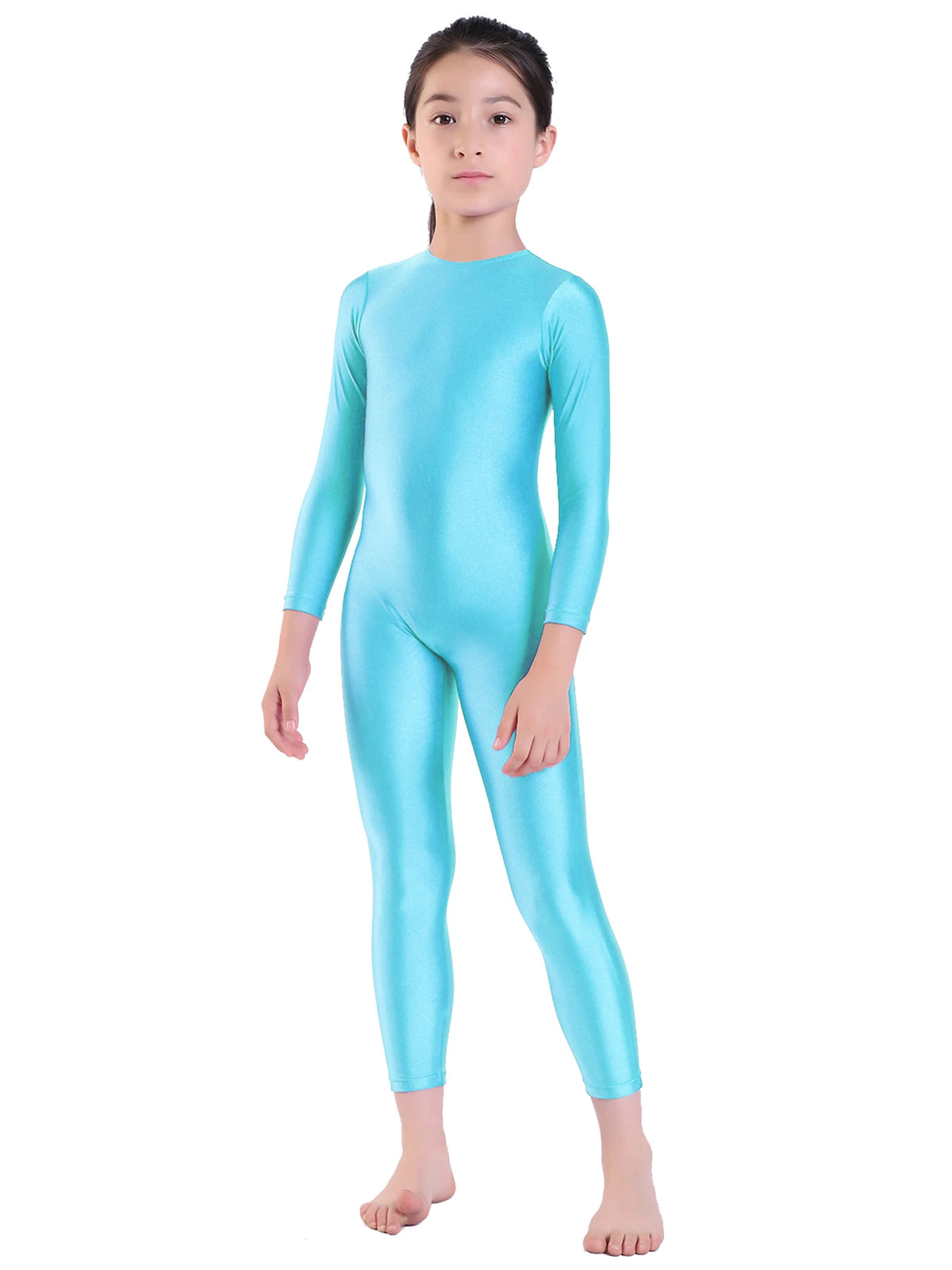 AOYLISEY Girls Black Long Sleeve Unitard Boys Gymnast Bodysuit Spandex Full Body Kids Jumpsuit Scoop Neck Dance Costumes