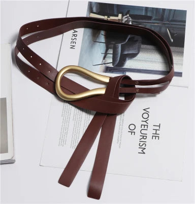 NEW Genuine Leather double Belts Luxury Metal U Buckle belt women girls retro vintage large belt for coat jeans black white