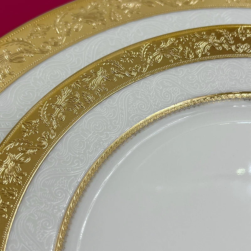 Luxurious disc relief inlaid with golden beef steak plate, palace style bone porcelain, European style gold edged tableware