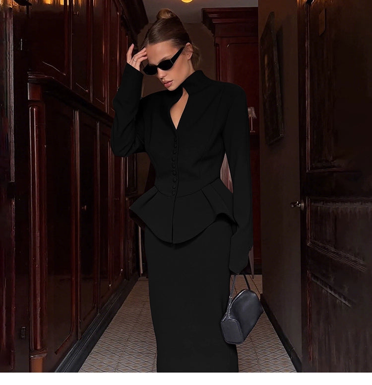 # Sisjuly# Fashion Fashion Elegance Business Style Button Long Sleeves Tops High Waist Mid Skirt Suit Women