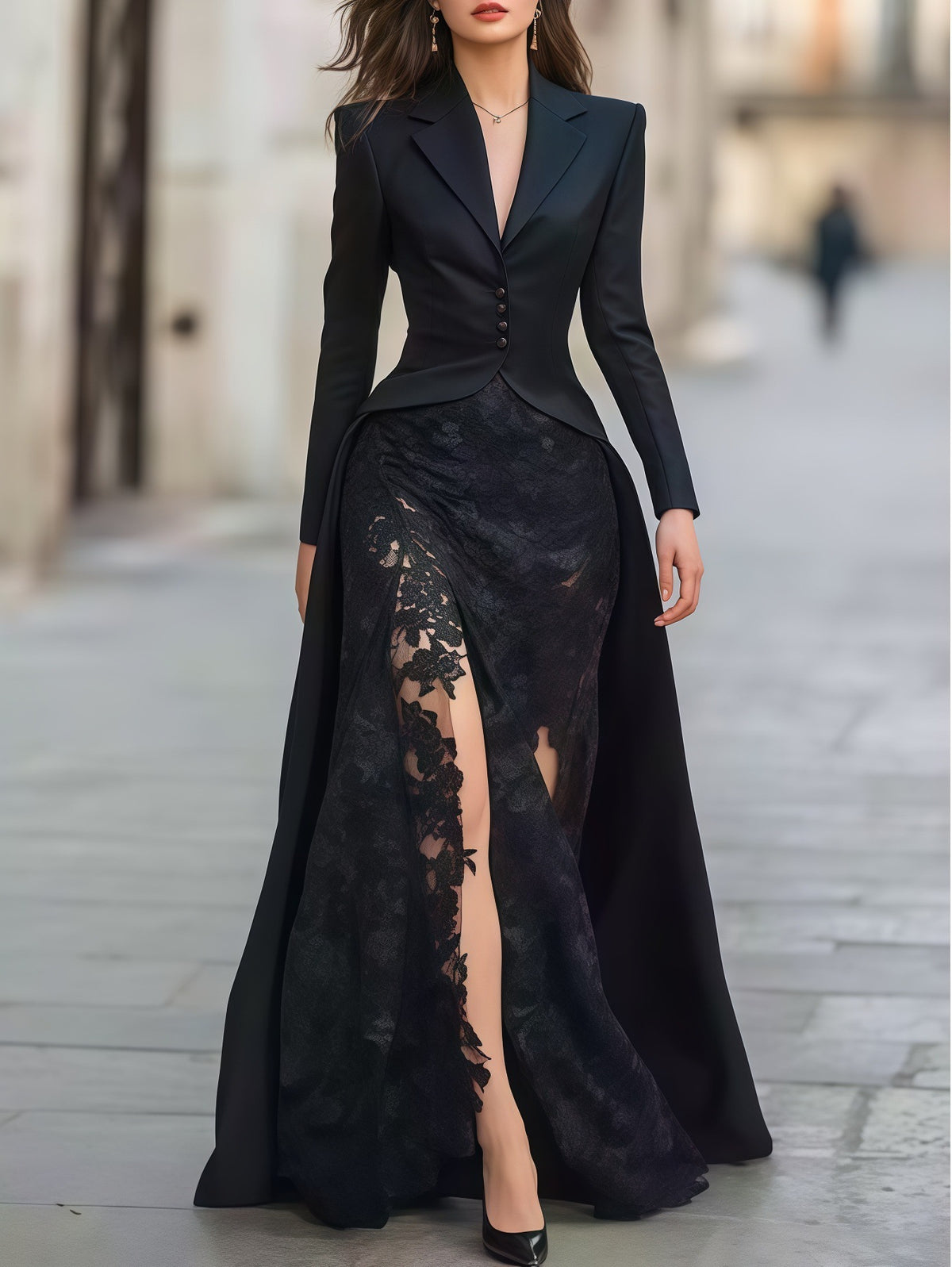 Women Sexy Dress Two Piece Sets Lace Hollow Out Spliced Long Dresses Full Sleeve Tight Waist Gown Evening Vestidos Party...