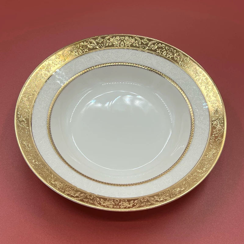 Luxurious disc relief inlaid with golden beef steak plate, palace style bone porcelain, European style gold edged tableware