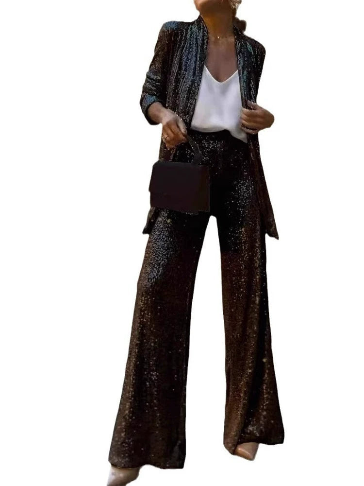 2025 Spring New Cross-Border Three-Color Sequin Full Sequined Small Suit High Waist Fashion Casual Straight Pants Two-piece Set Suit