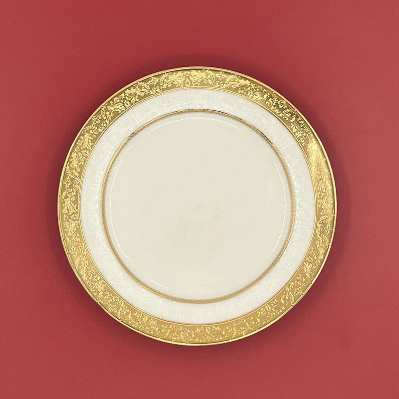 Luxurious disc relief inlaid with golden beef steak plate, palace style bone porcelain, European style gold edged tableware