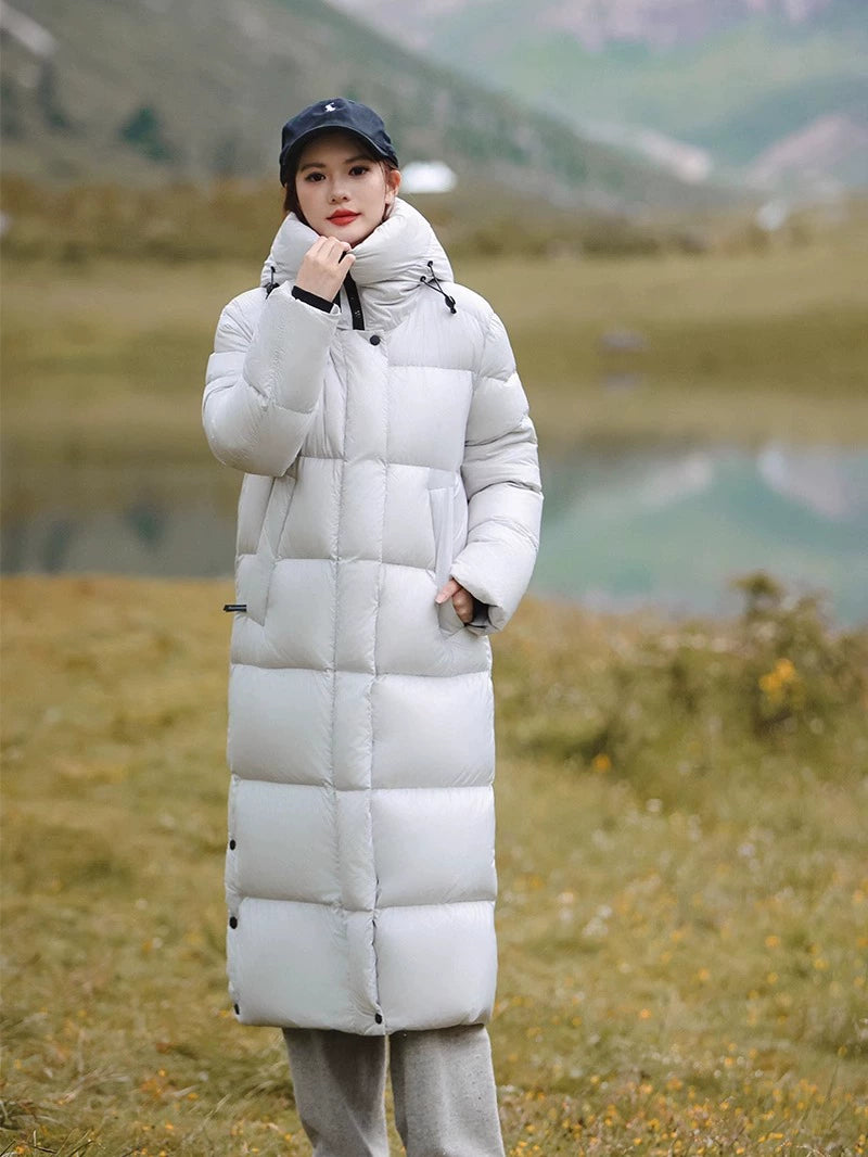 3,000 Camp New arrival 95 White Duck Down Small thickened Heattech Over Knee Mid Length Long Length Extreme Cold Down jacket Female Winter