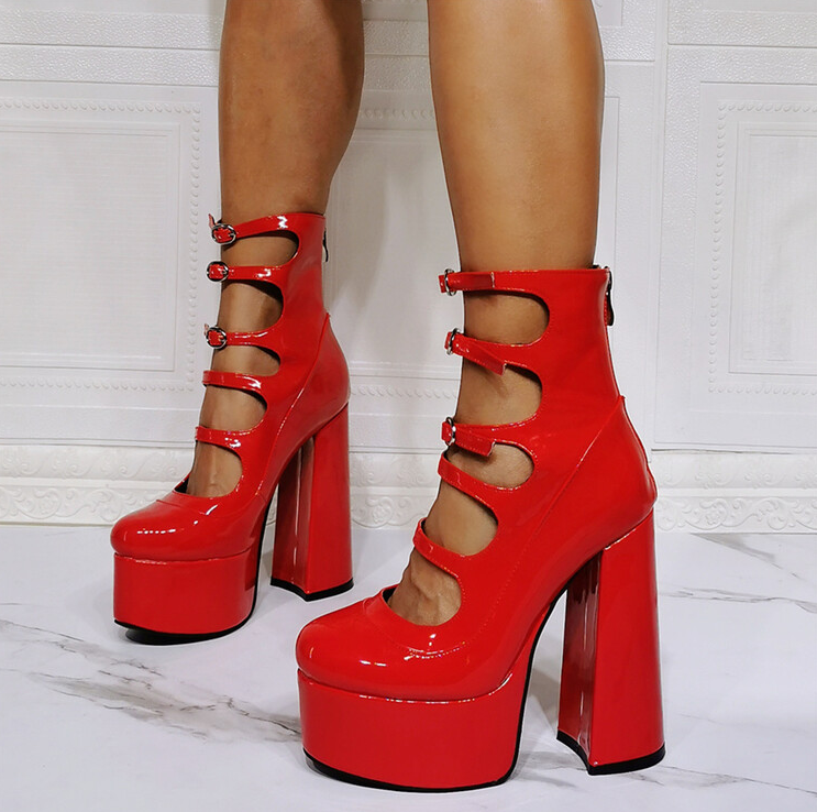 Hollow-out Bright Red Leather Chunky Heel Boots