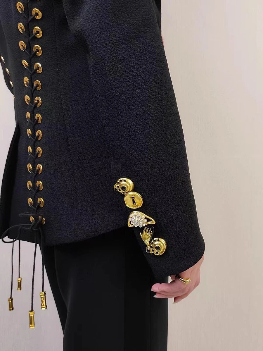 TWOTWINSTYLE Solid Spliced Lace Up Slimming Jackets For Women Lapel Long Sleeve Tunic Temperament Patchwork Button Coat Female - Kimlud