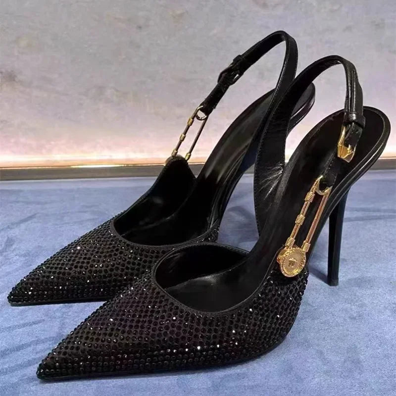 Women Shoes Luxury Rhinestones Sequined Buckle High Heels Elegant Pointed Toe Slingbacks Stiletto Shoes for Women Fashion Shoes