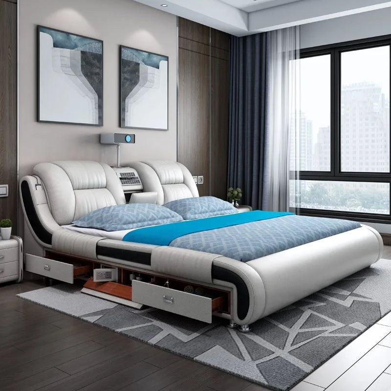 Modern Luxury Bedroom Furniture Smart Electric Massage Up-holstered Beds king Size Double Bed Mattress Plus Frame with...