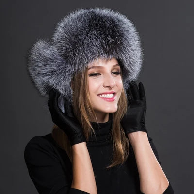 Women Natural Raccoon Fur Caps Ushanka Hats for Winter Thick Warm Ears Fashion Bomber Pom Pom Hat Lady Real Fox Fur Cap Pompon