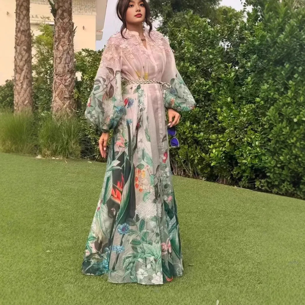 Ele Floral Print Maxi Dr with Single Button Closure And Flower Belt Vaion Wear Polyester Fiber Lantern Sve