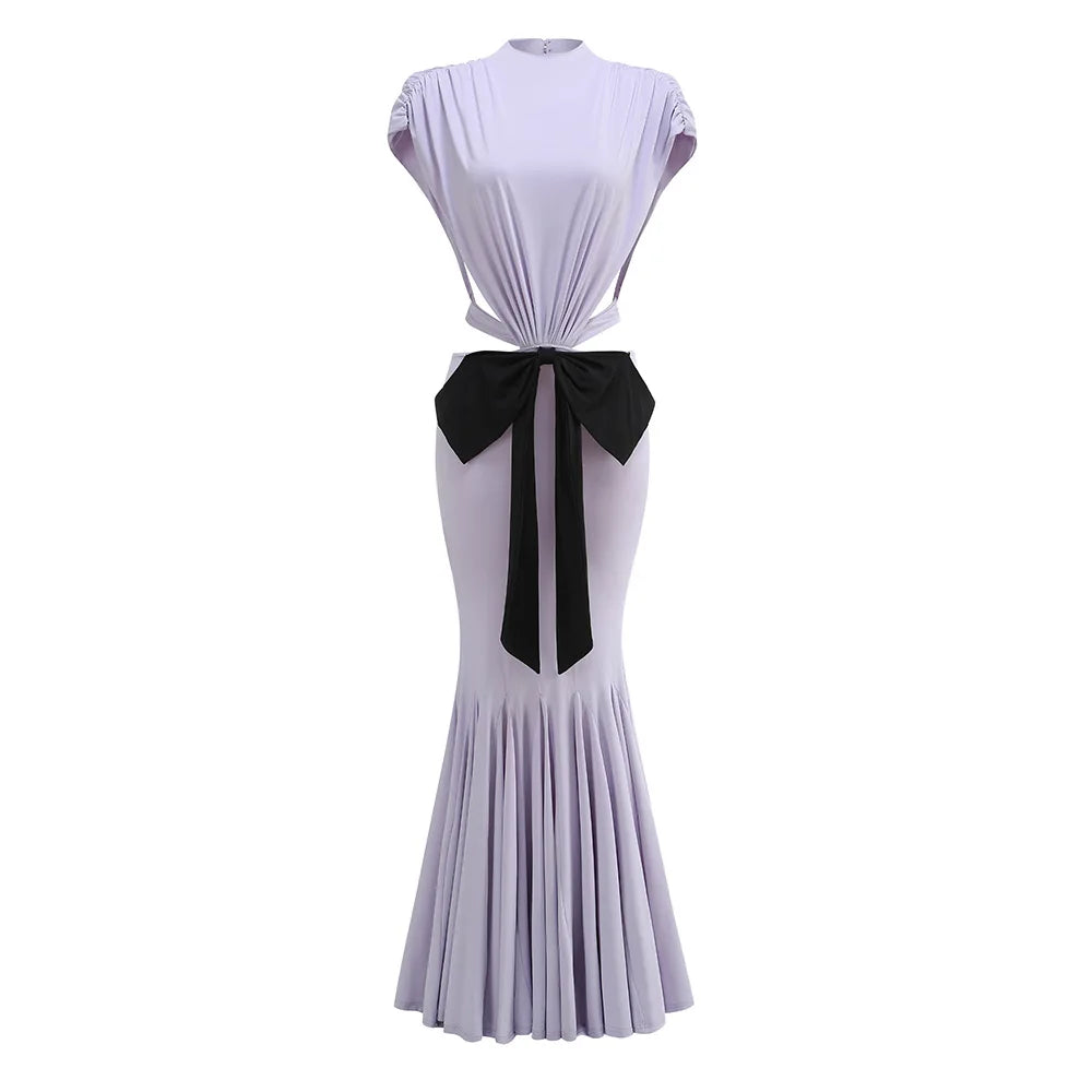 Sexy Elegant Backless Bow Lace Up Maxi Dress Women Sleeveless Hollow Out Party Evening Long Dresses White Purple Robes