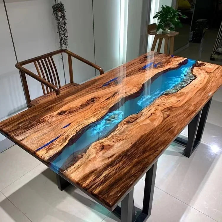 Wholesale Dining Room Furniture Restaurant Solid Walnut Wood Kitchen Epoxy Resin Slab River Dining Table Top