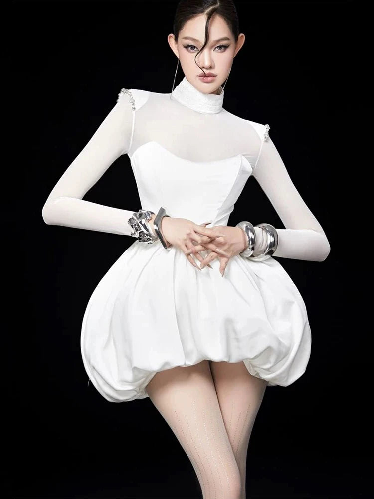 Pure Desire Sexy See-through Dress Women's Autumn New High-grade Waist-cinching Slimming Flower Bud Short Skirt Dress - Kimlud