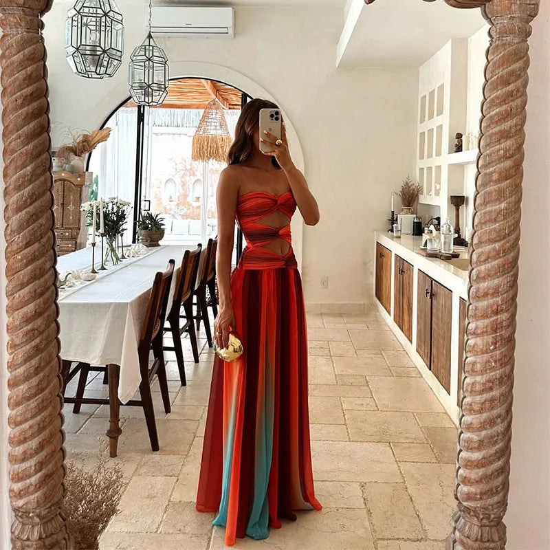Tie-dye Gradient Hollow Out Women's Maxi Dress Elegant Off Shoulder A-line Hem Long Dresses New Summer 2025 Holiday Female Robes - Kimlud