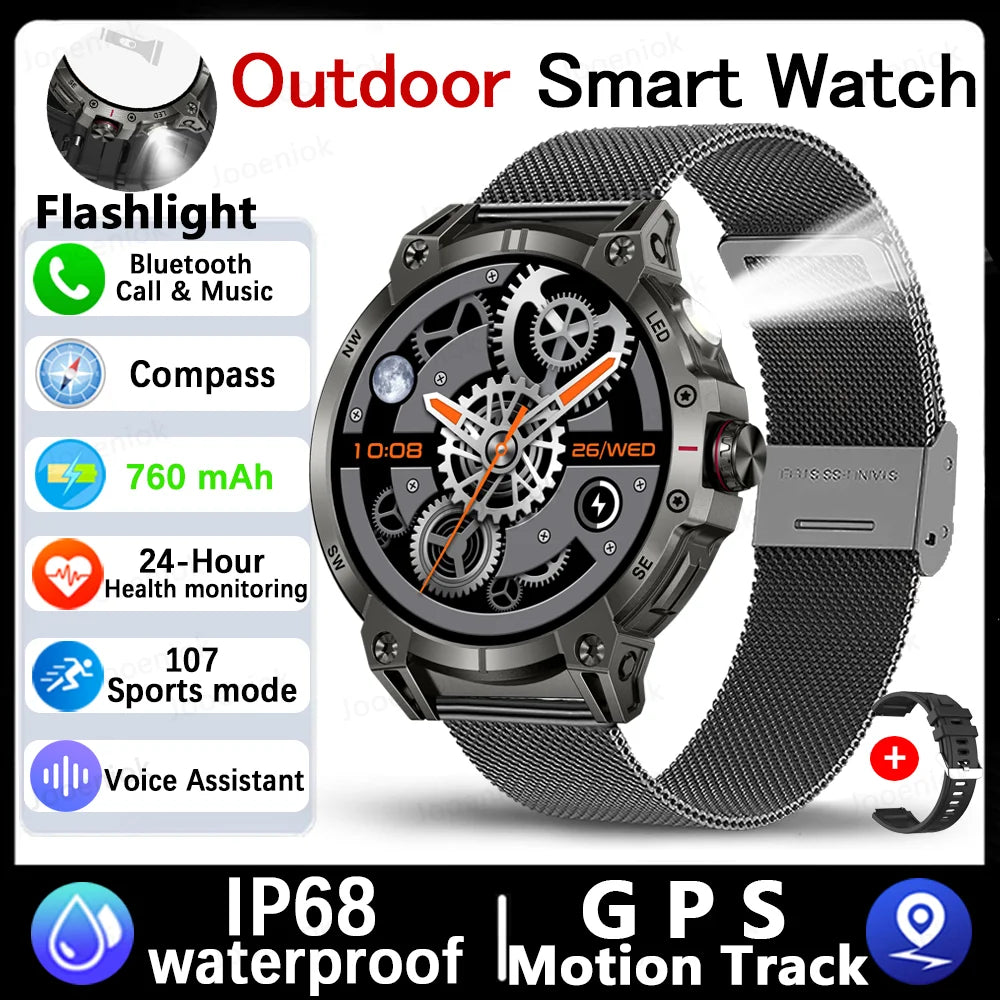Military Smart Watch Men 760mAh Large Battery LED Flashlight Compass 1.8"HD Screen Heart rate Waterproof BT Call Smartwatch New
