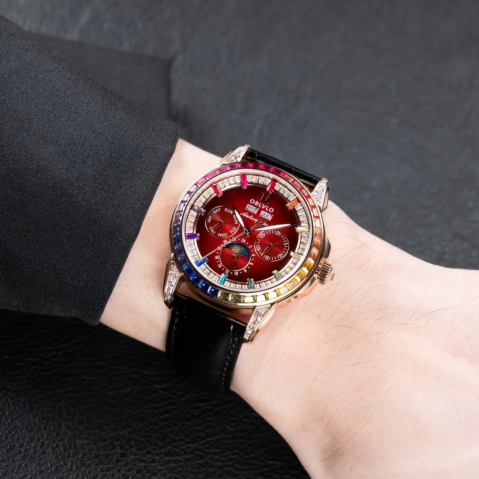 OBLVLO Men's Classic Watch with Colorful Diamonds Bezel Red Dial Mechanical Automatic Moonphase Multifunction Leather Strap GCM-MUT
