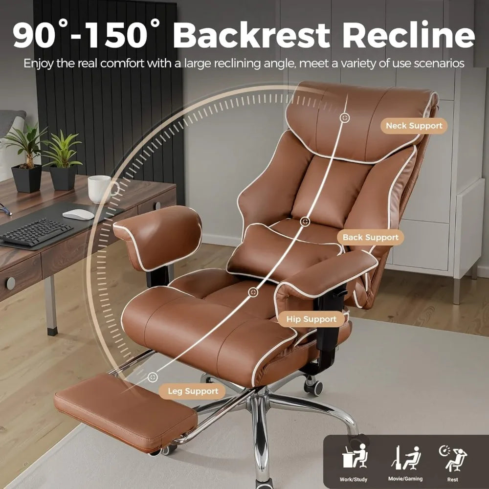 Big and Tall Office Chair 400lbs High Back Leather Executive Chair with Ergonomic Lumbar Support & Pocket Spring Cushion for Lo