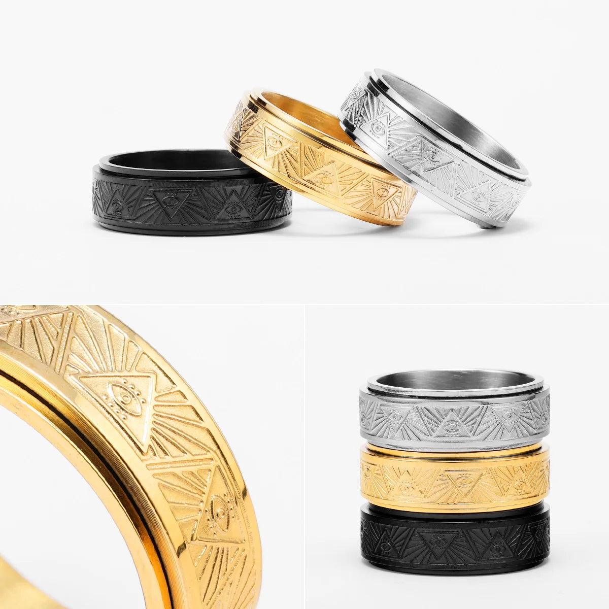 Illuminati Freemasonry Fidget Spinner Eye Stainless Steel Men Rings Punk Male Women Fashion Jewelry Creativity Gift Wholesale