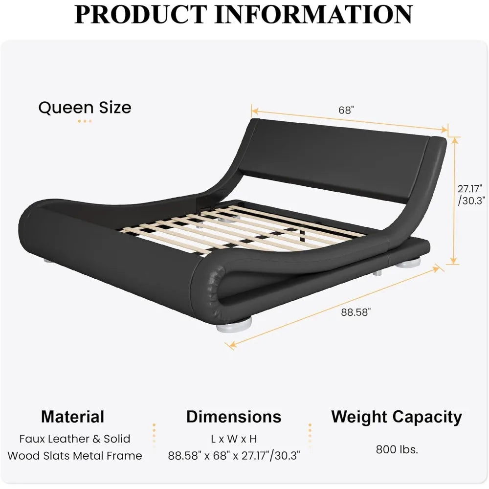 Queen Size Bed Frame with Faux Leather Ergonomics Headboard, No Box Spring Needed & Easy Assembly, Queen Size Bed Frame