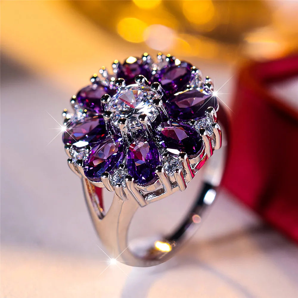 Luxury Female Crystal Purple Stone Sun Flower Engagement Ring Vintage Silver Color Wedding Jewelry For Women