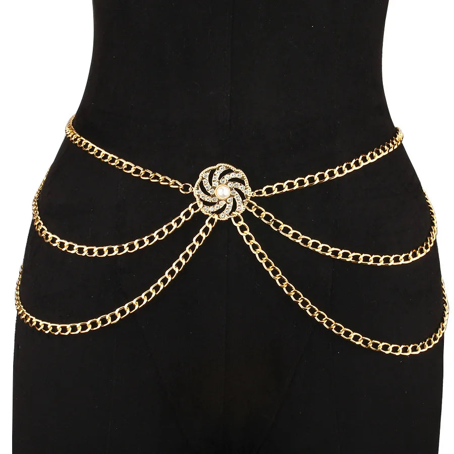 versatile multi-layer disc inlaid with diamond pearl waist chain new style tunic decorative metal belt for women - Kimlud