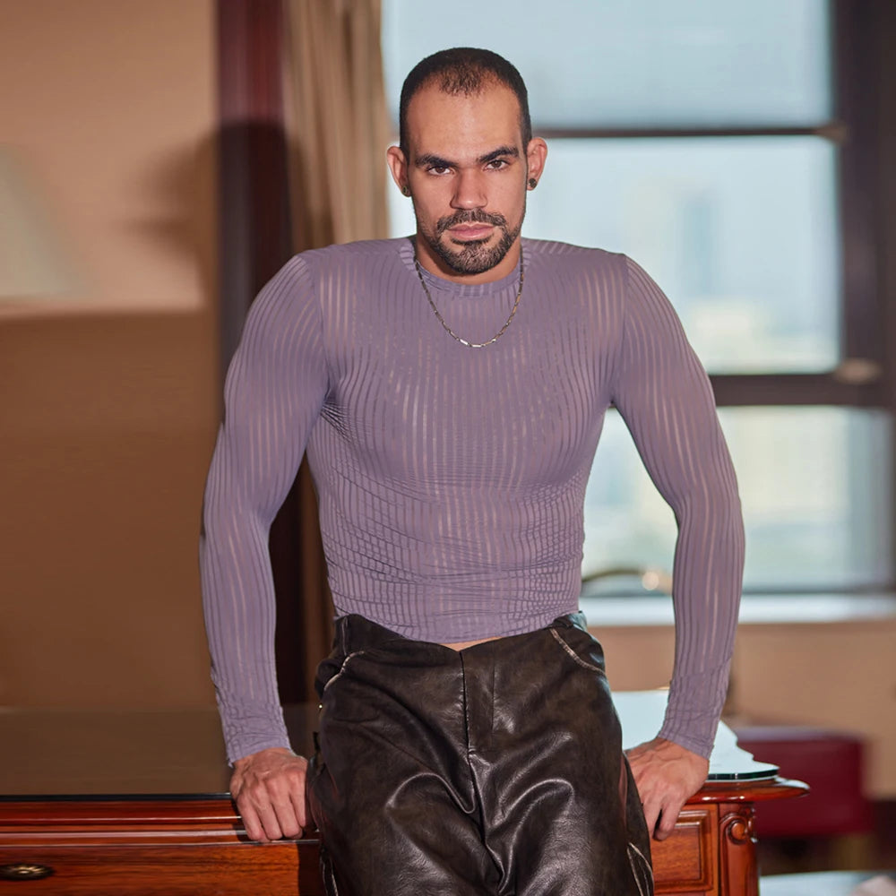 Sex Men Oil Glossy Shiny Breathable T-shrits Stripe Allure Shaper Top Bottom Wear Sheer See Through Elastic Shapewear - Kimlud
