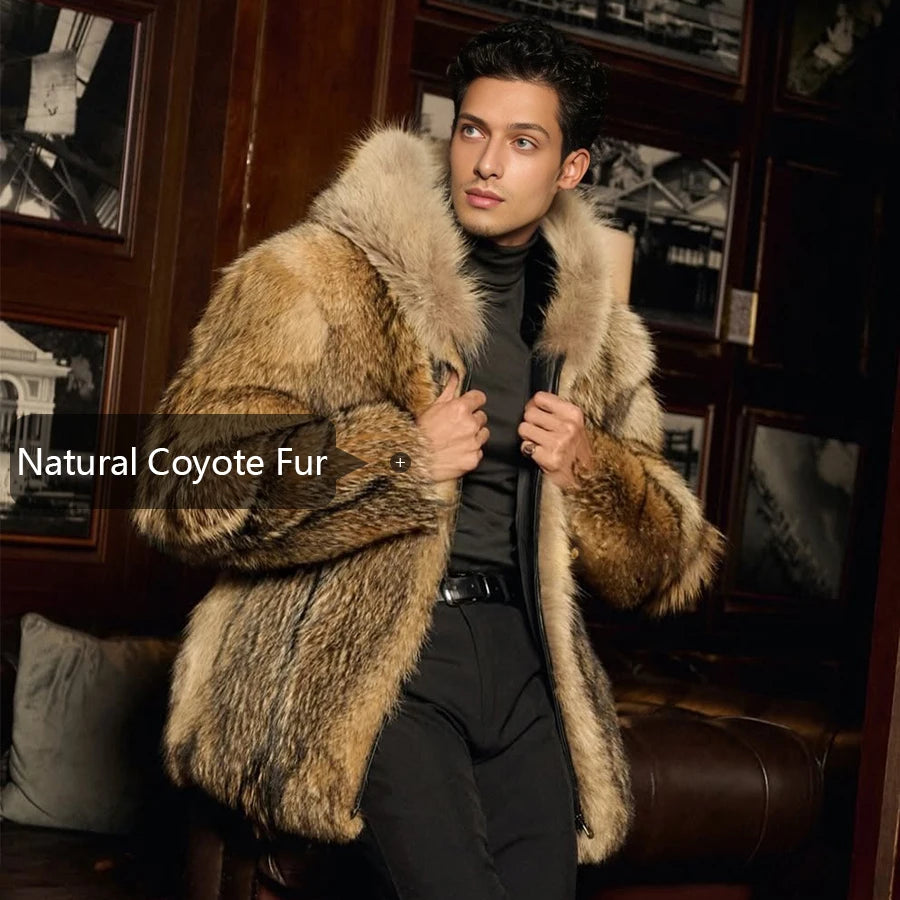 Natural Wolf Fur Coats With Hood Real Full Skin Coyote Fur Coat Genuine Leather Jacket High Quality Winter Jacket For Men