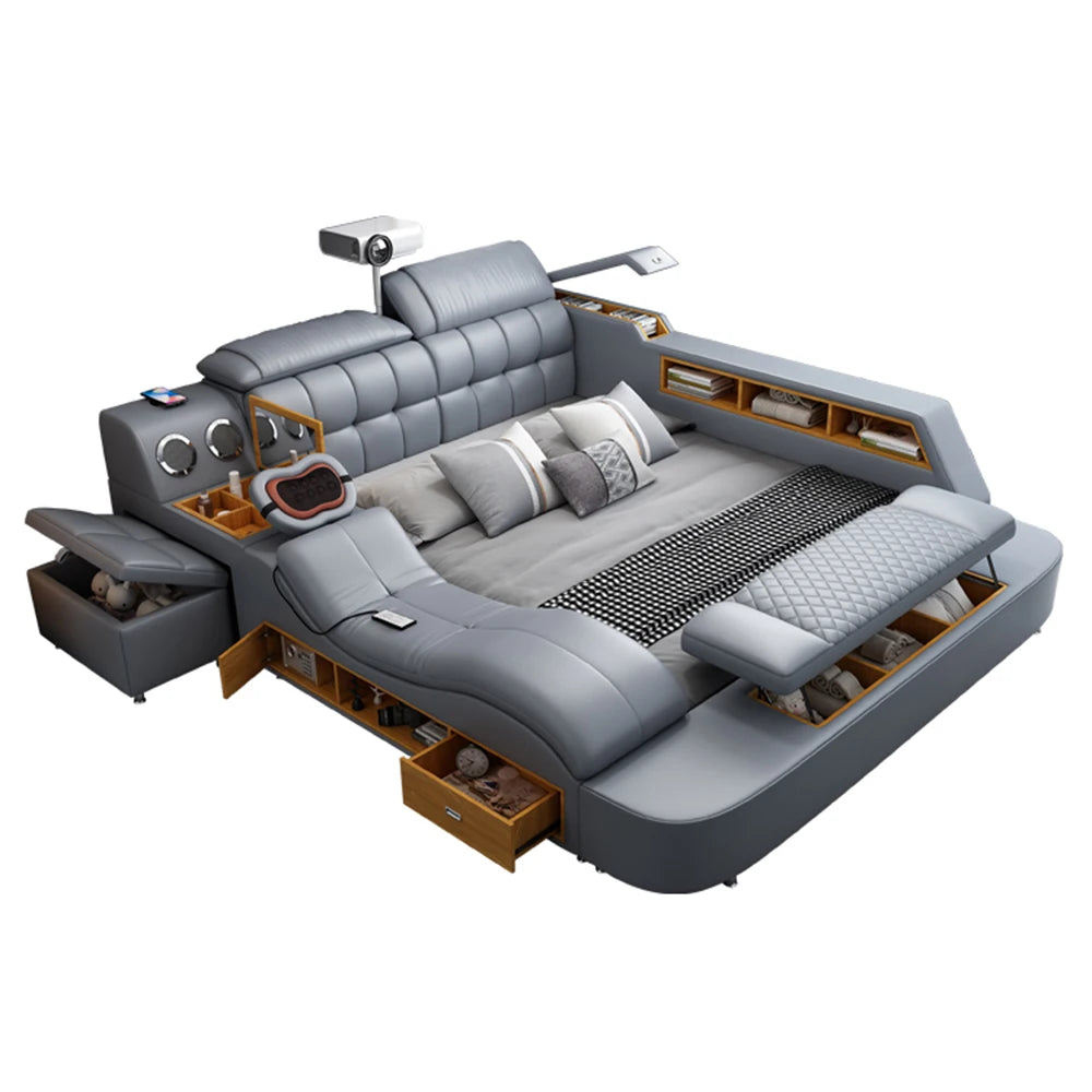 MINGDIBAO Luxury King Size Genuine Leather Bed / Tech Smart Bed / Multifunctional Ultimate Beds / Massage Bed with USB,Projecter