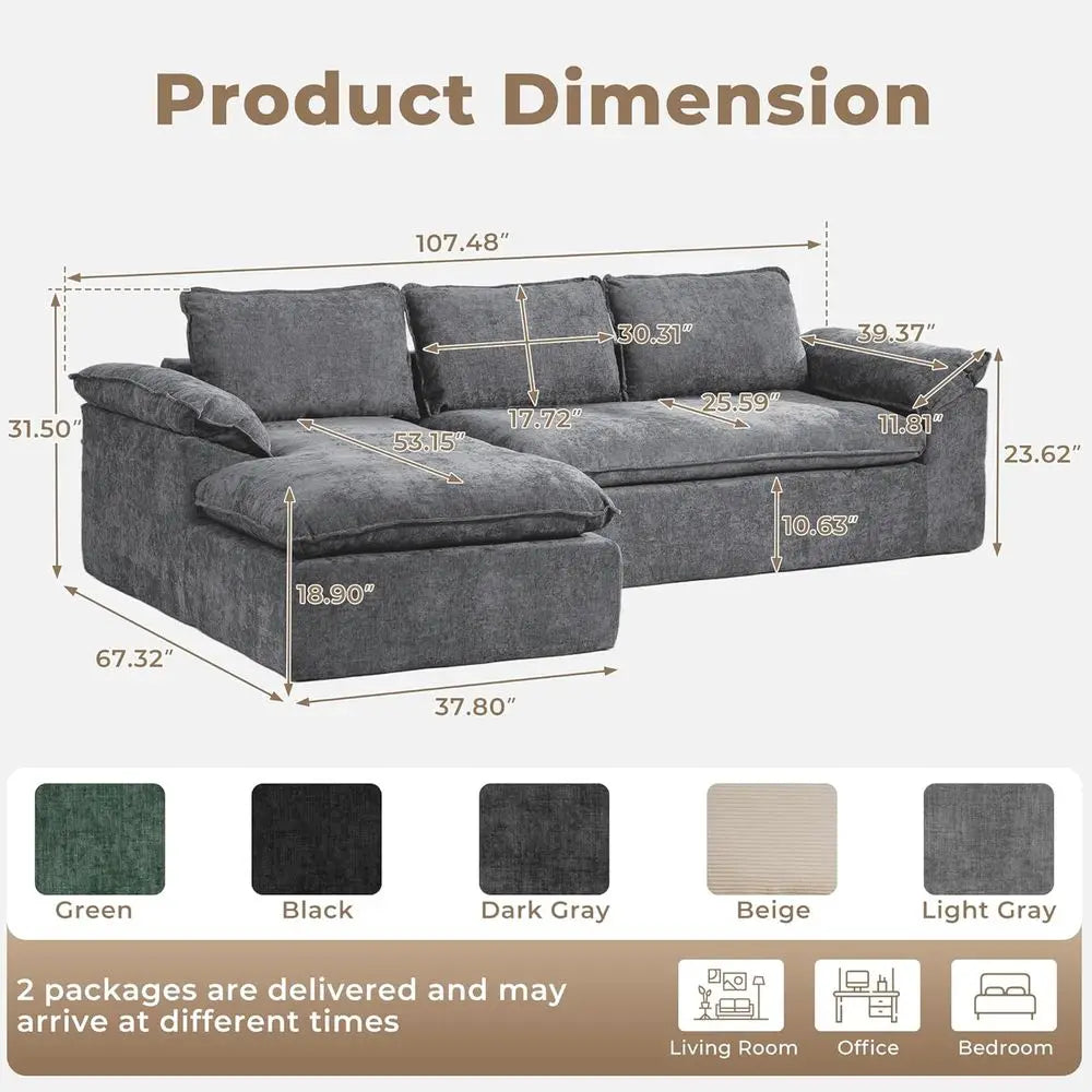 Grey Chenille L-Shaped Sectional Sofa with Deep Seating and Memory Foam, Ready to Use | Kimlud Luxury Chair