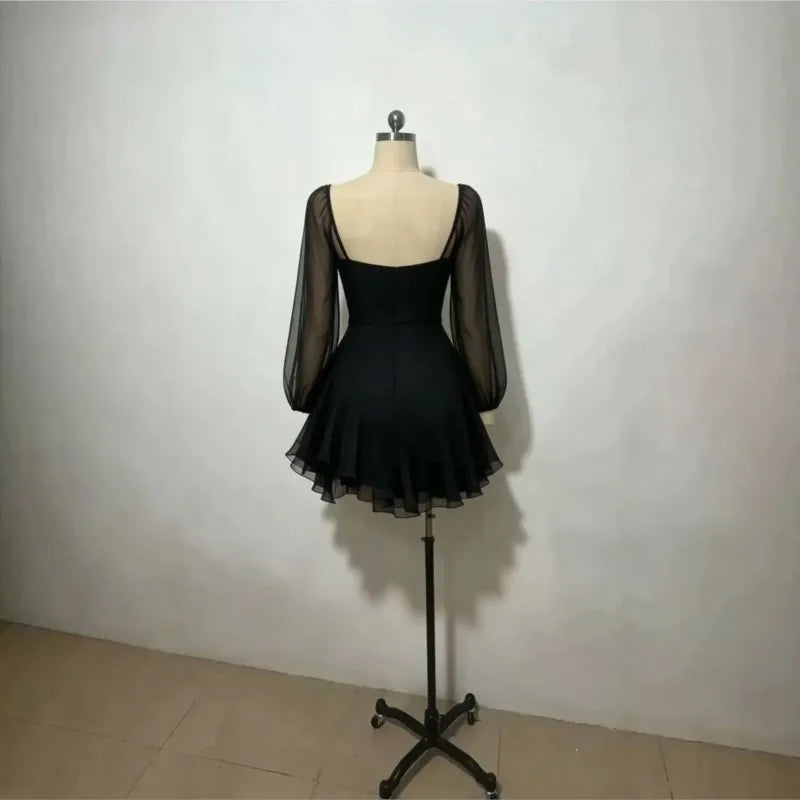 Ladies Sexy V-neck Mini Dress Autumn Sheer Long Puff Sleeve 3D Rose Decor Asymmetrical Ruffle Short Dress Elegant Party Dress