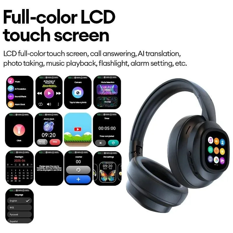 AI LCD Touch Screen Shock Bass Headsets HIFI Sound Wireless Bluetooth Headphones ANC Noise Reduction Gamer Earphones With Mic