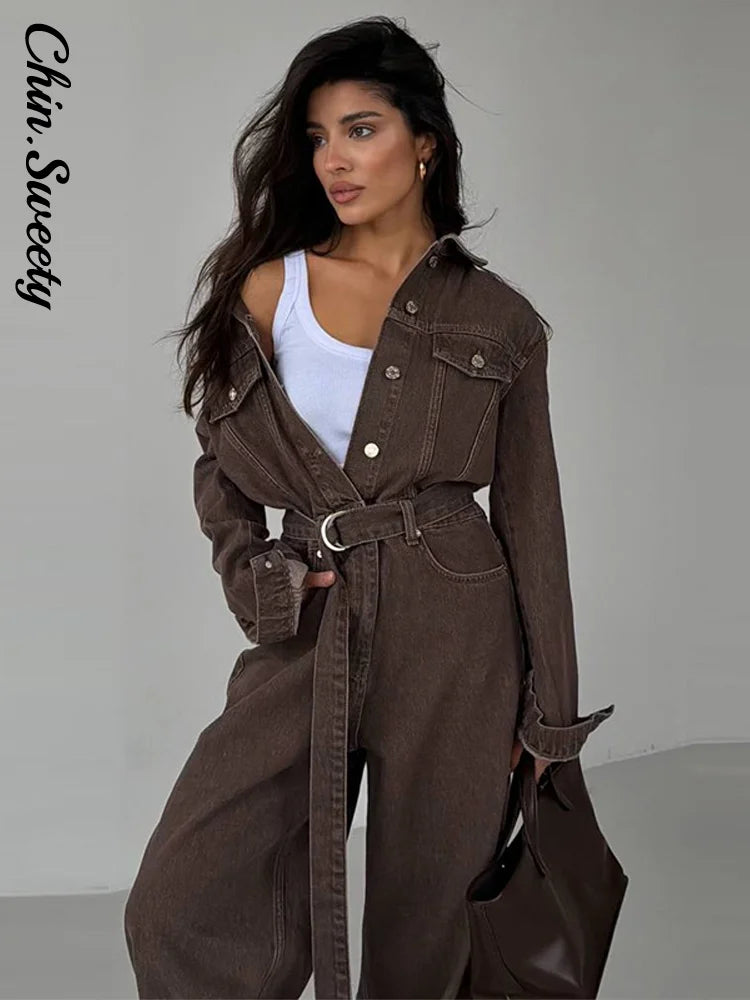 Chic Denim Women's Jumpsuit Turn-Down Collar Lace Up Full Sleeve Lady Long Jumpsuits 2026 Spring Casual Female Streetwear - Kimlud