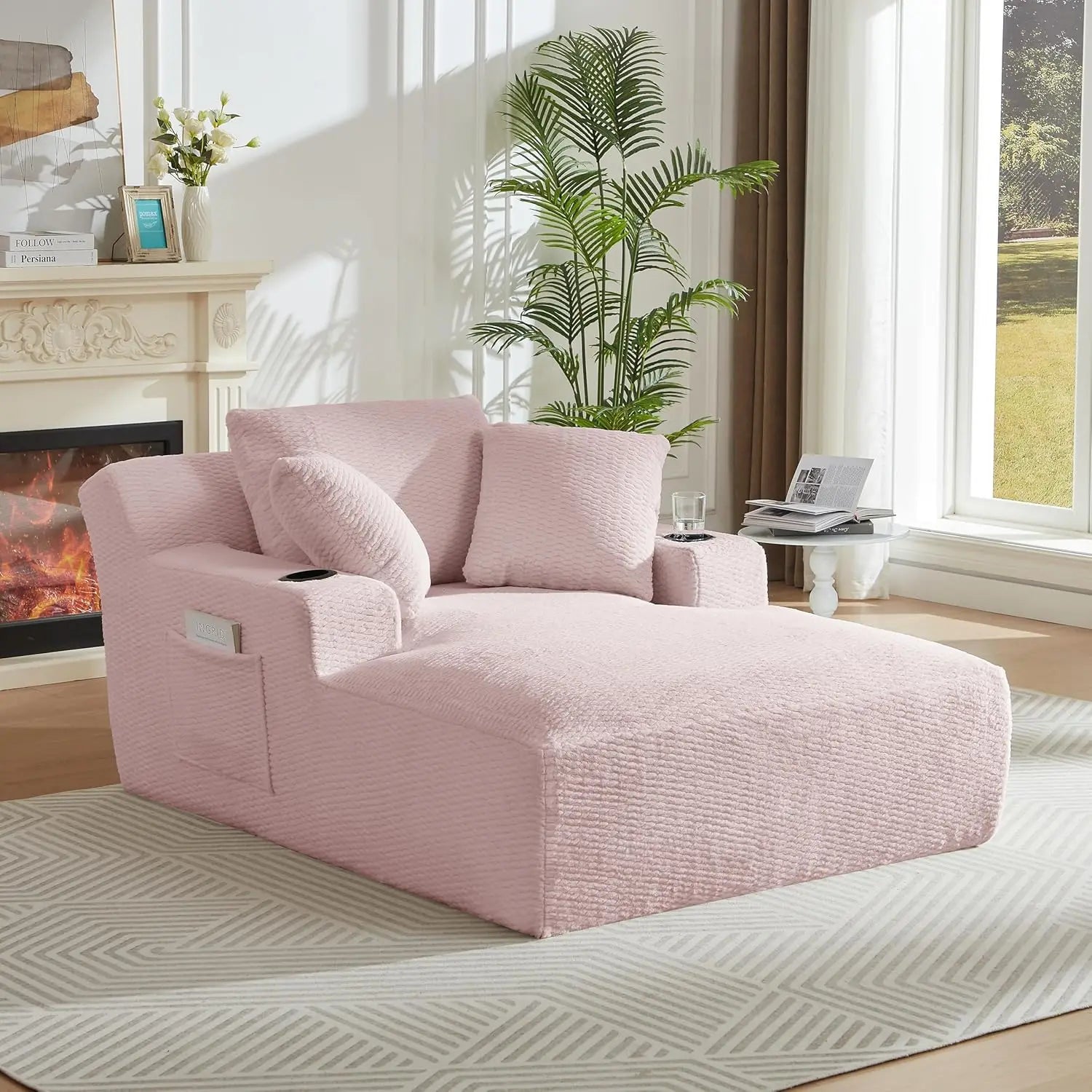 67" Oversize Chaise Lounge Deep Seat 2 Cup Holders Storage Pockets Living Room Bedroom Office Brown Customized - Kimlud