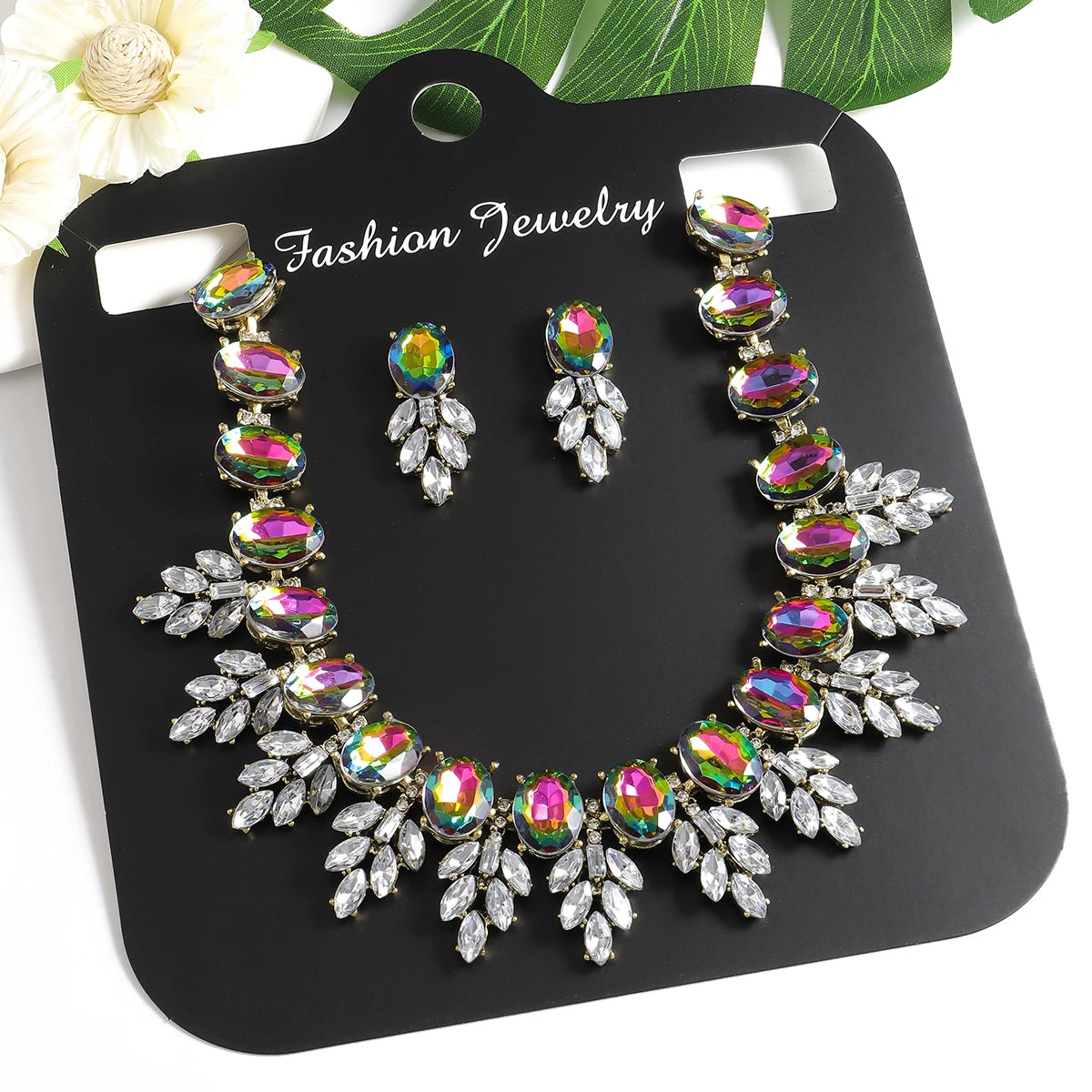 Best Lady Geometric Rhinestone Necklace & Short Glass Earrings Stitching Decorative Neck Chain Dress Jewelry Set