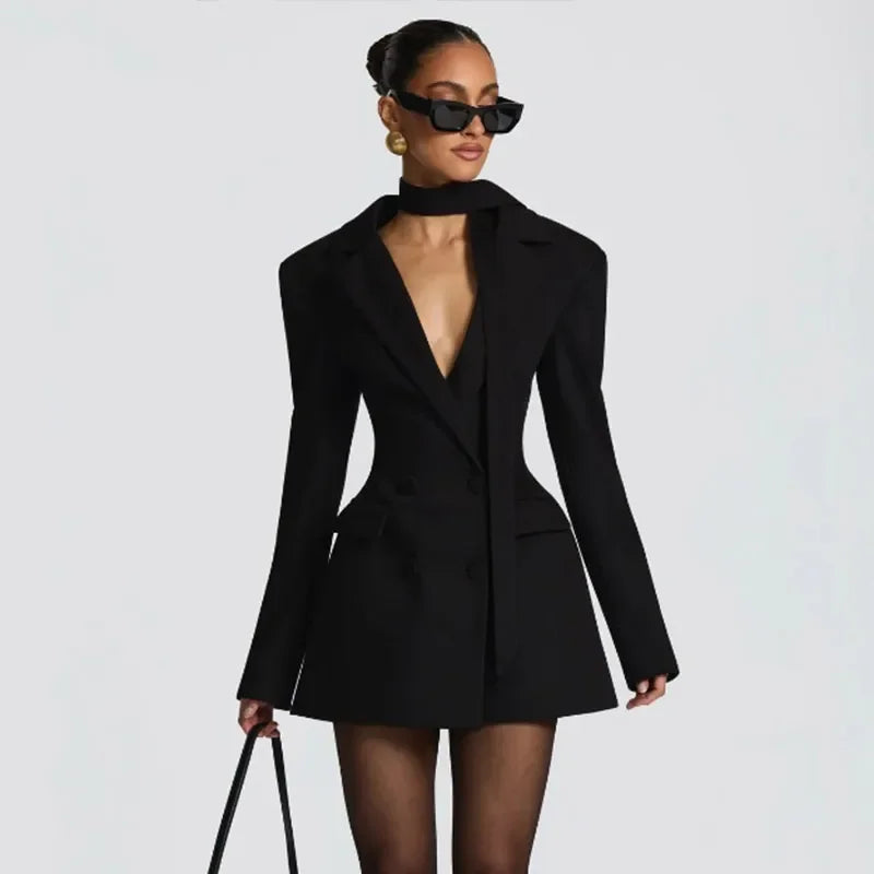 Solid Waist Cinching Blazer Dress Women Chic Long Sleeves Lapel V-neck Double Breasted Slim Short Dresses Lady Daily Street Gown