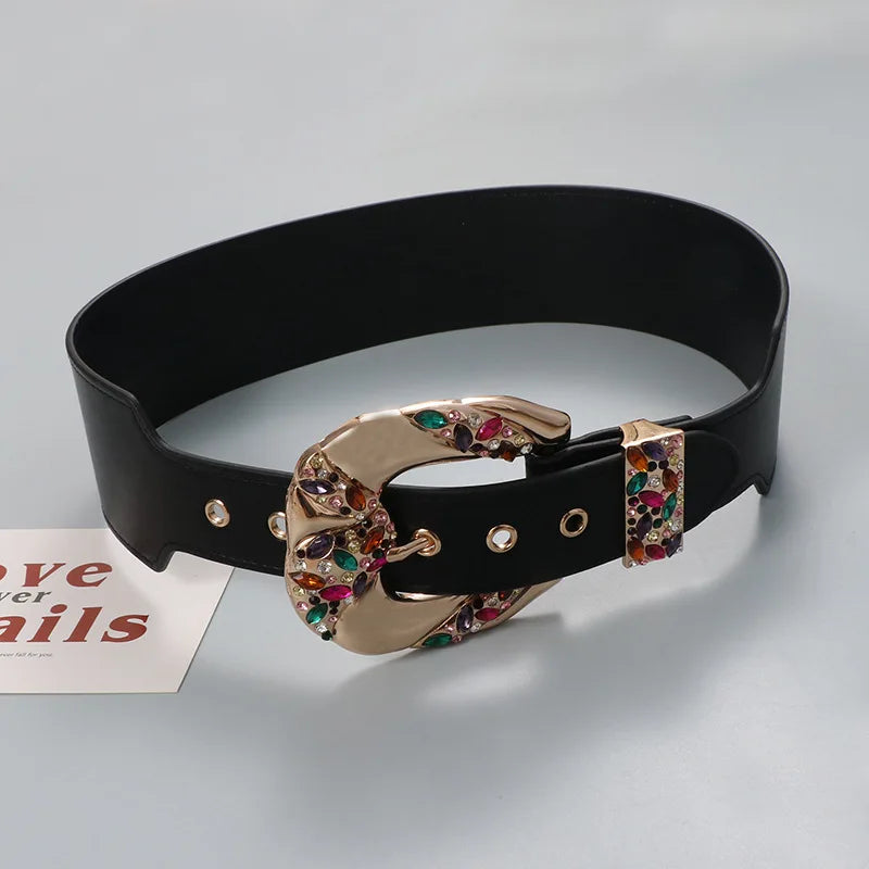 Luxury Retro Color Rhinestone Zircon Metal Belt Niche Design Elegant Fashion Leather Wide Belt Women Down Coat Skirt...