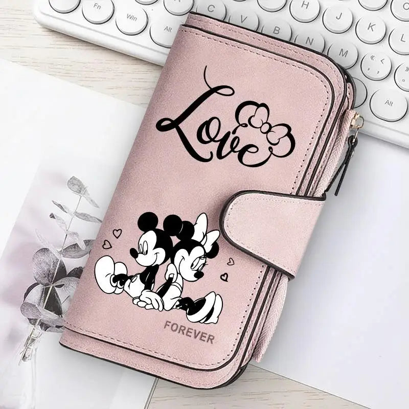 Mickey Minnie Lady Long Zip Wallet Buckle Tote Bag Coin Purse Soft PU Leather Multi-functional Card Holder Casual Daily