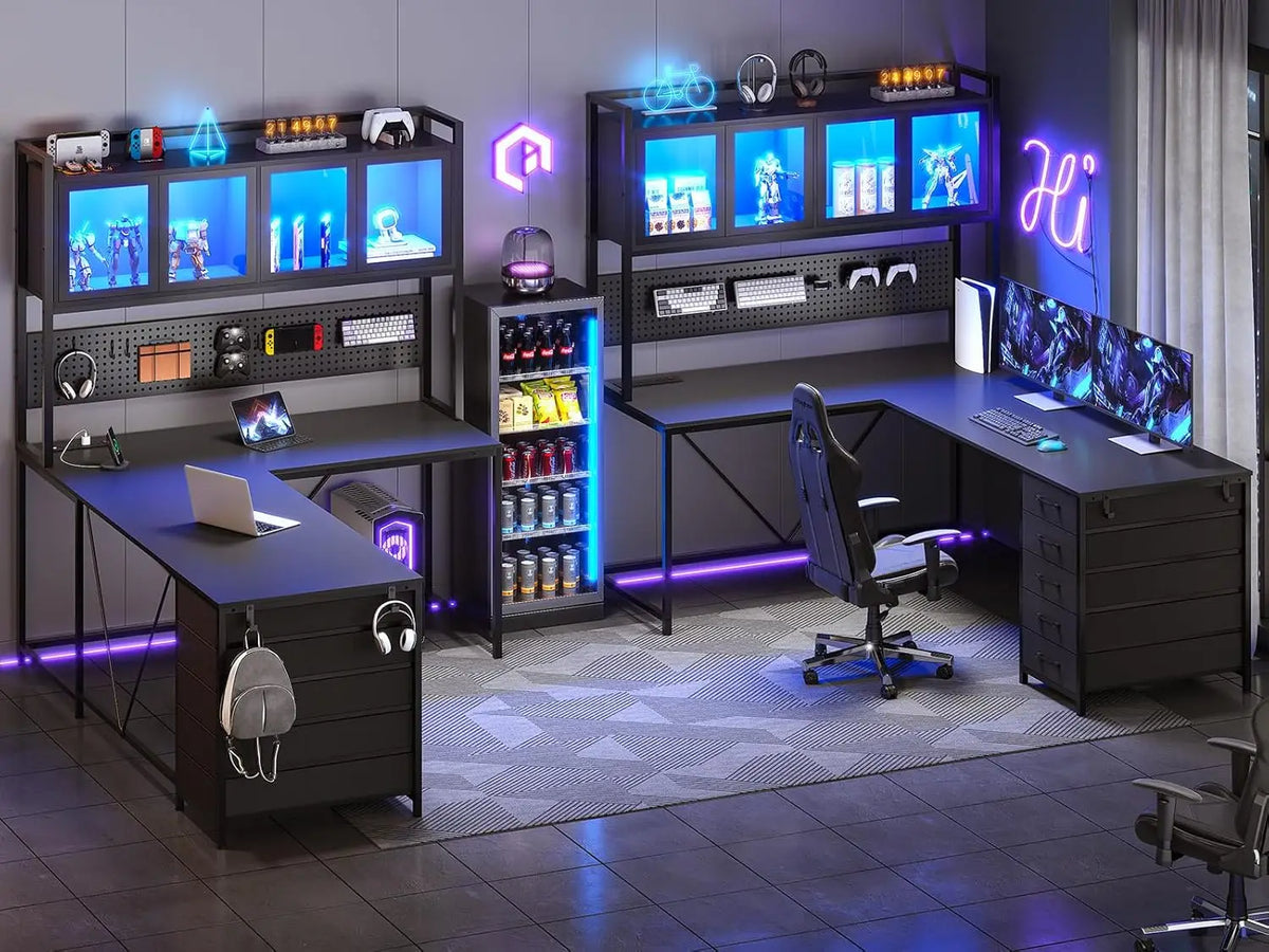 L Shaped Gaming Desk with Drawers,Gaming Desk with Pegboard, Led Lights, and Power Outlet, Home Office Desk, Corner...
