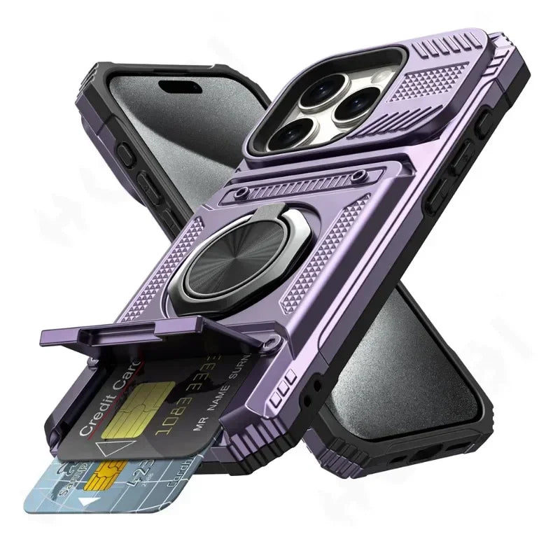 Case For iPhone 16 15 14 13 12 11 Pro Max XS XR 8 7 Plus Magnetic Rotated Ring Kickstand Heavy Duty Drop Protection Wallet Cover - Kimlud