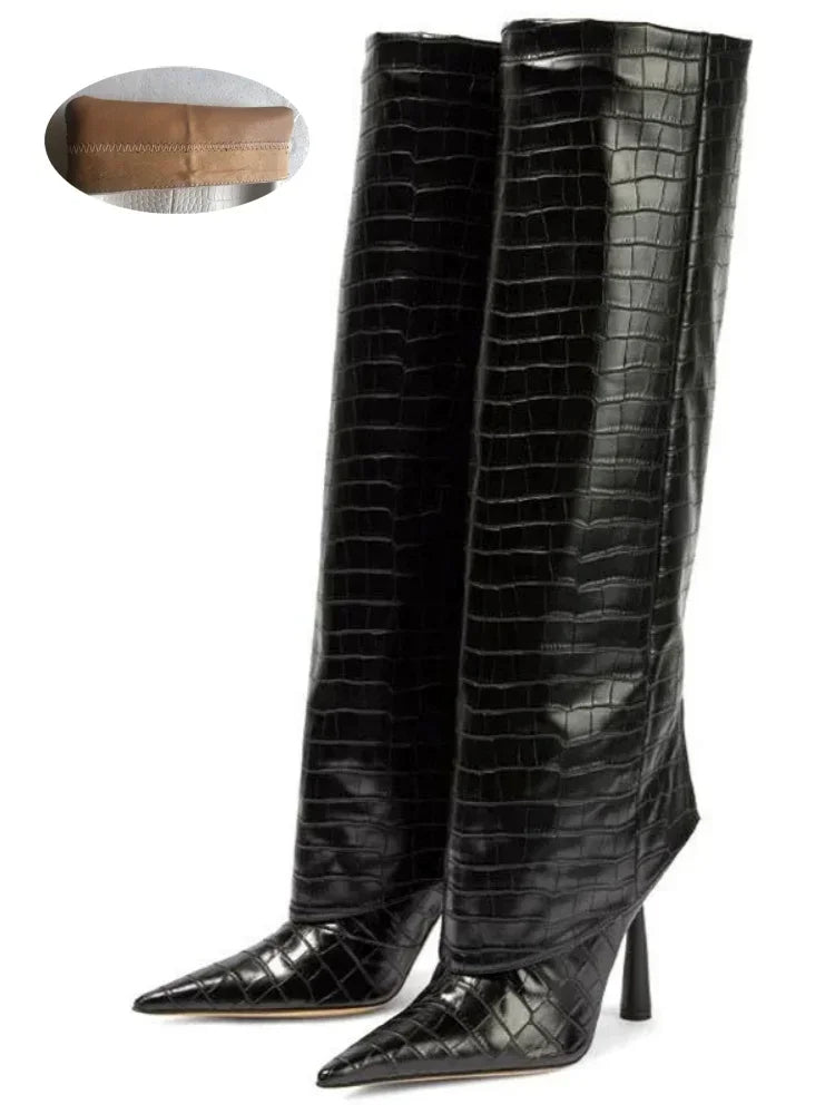 Women's Fashion Retro Stone Pattern Pointed Sleeve Skirt Boots European and American High End Loose Pants Banquet Boots