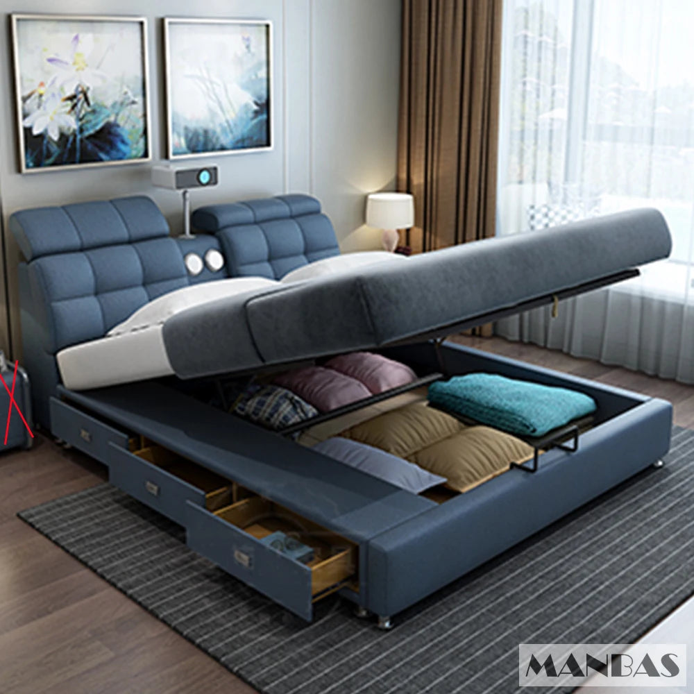 Linlamlim Ultimate Tech Smart Bed - Multifunctional Bedframe with Genuine Leather and Bluetooth Speaker, Drawers,...