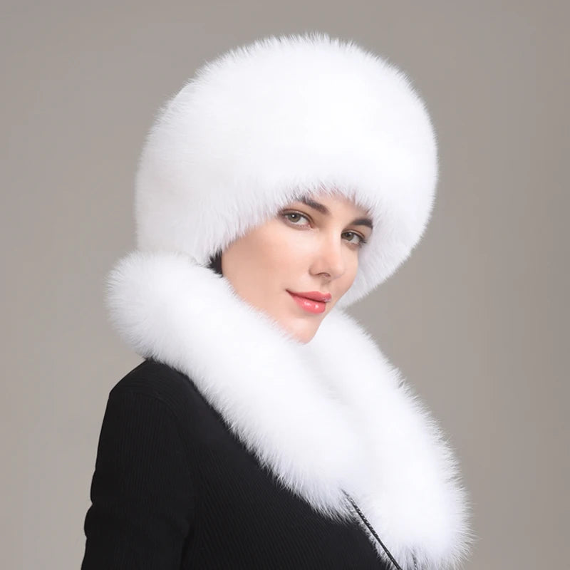 Real Fox Fur Hat with Rabbit Fur Top Girls Winter Hats with Long Tail Pompoms Russian Trapper Hats Bombers Cap Bonnets...